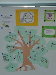 "Drzewo życzliwości" - przygotowanie przez społeczność przedszkola życzliwych pozdrowień.